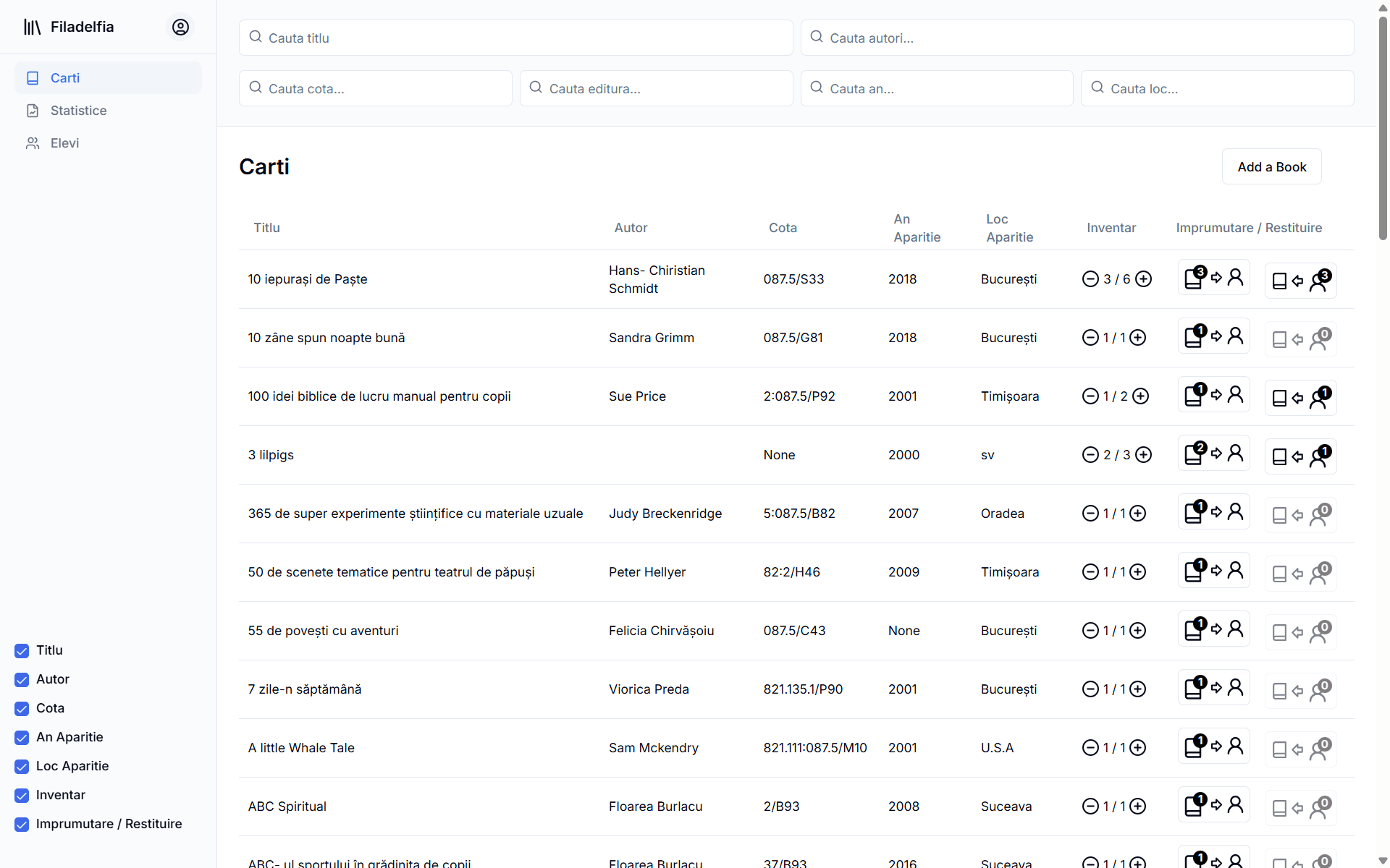 Fila Library — digital catalog interface showing the high school book collection